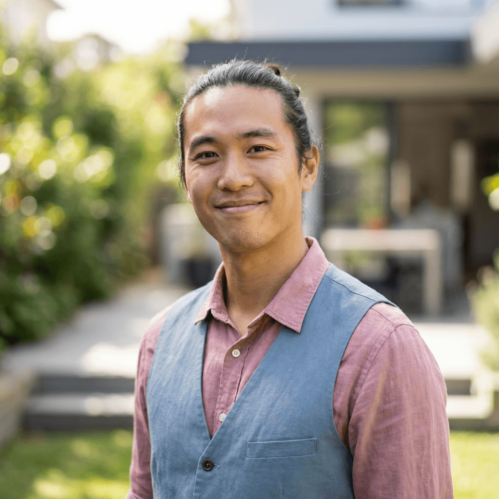 Male student in his early 20s, East Asian, wearing glasses and casual attire