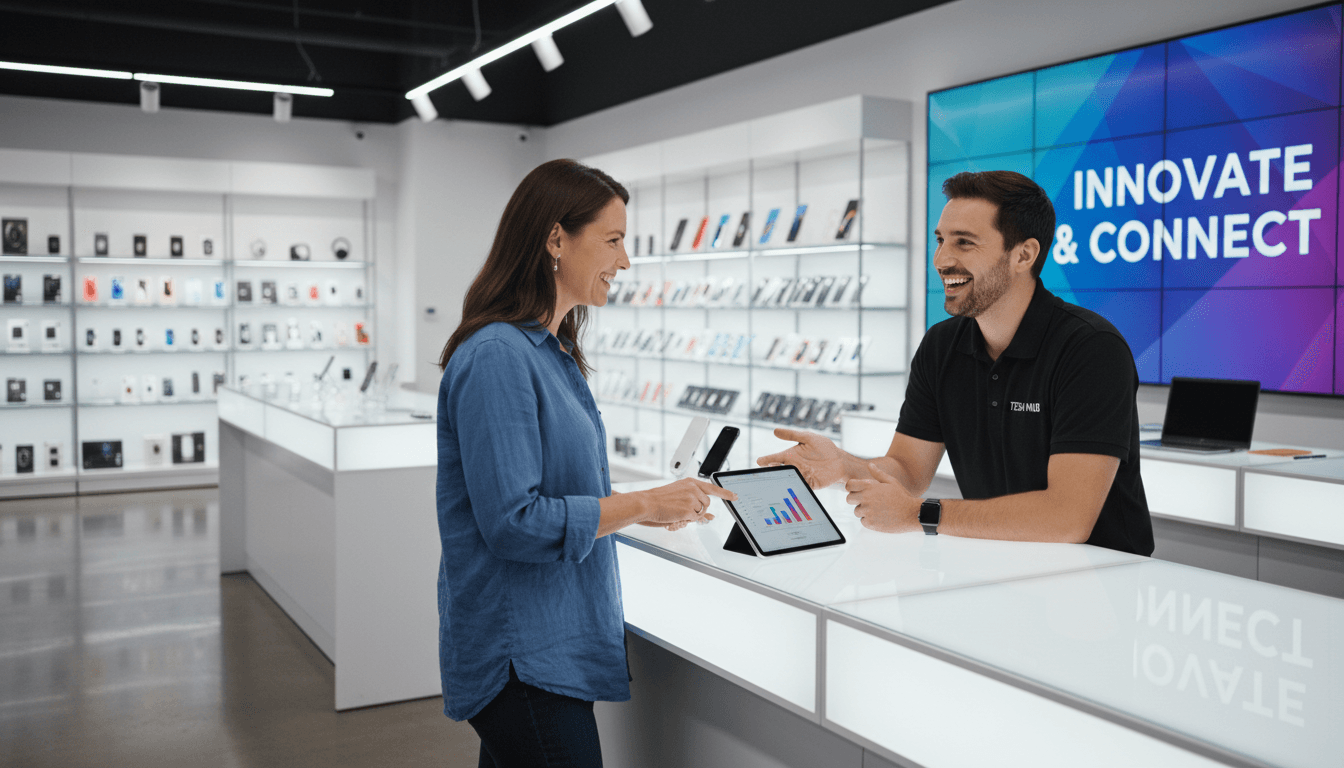 customer talking with friendly salesperson at modern electronics store counter