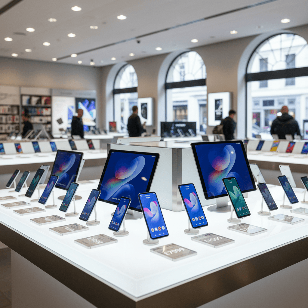 shelf display of various smartphones and tablets in a bright electronics store