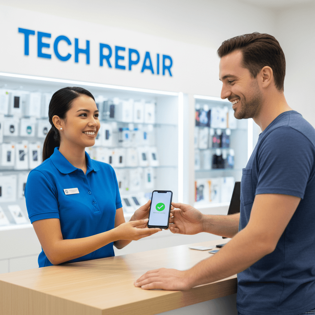 customer service representative handing a repaired smartphone to a smiling customer in a modern electronics store