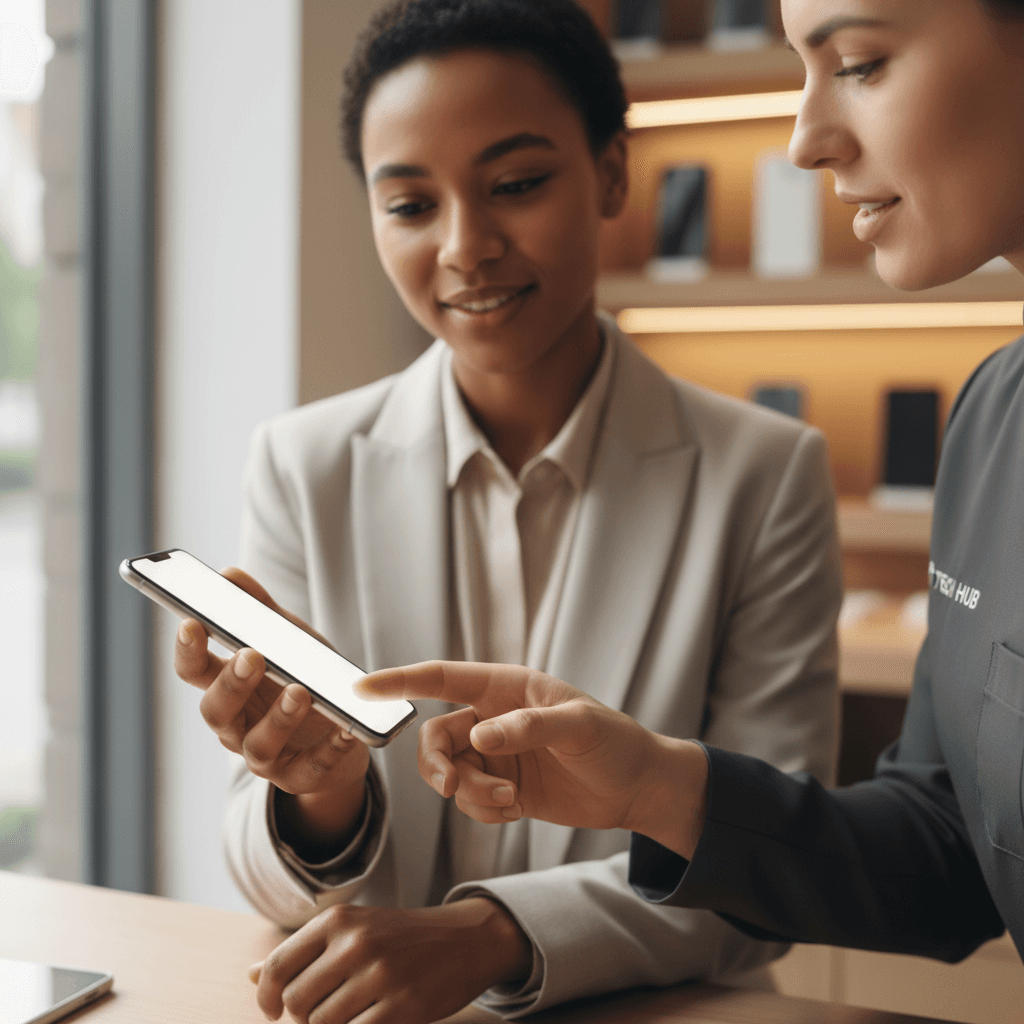 customer browsing smartphone with salesperson assisting in modern electronics store